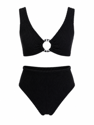 Black Crinkle Ring Bikini Set - Bottom High Waist style