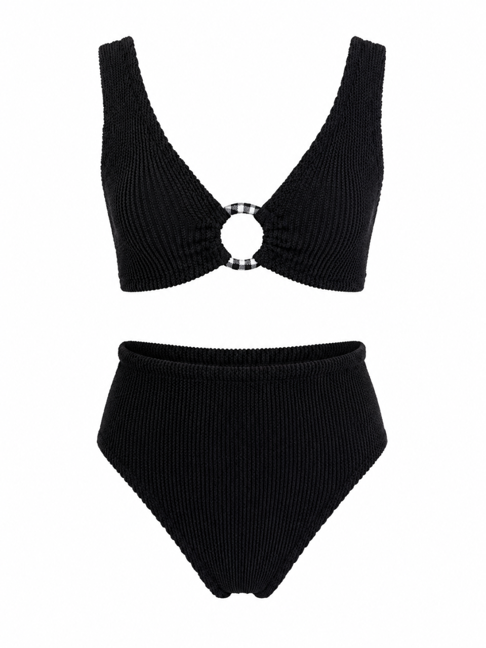Black Crinkle Ring Bikini Set - Bottom High Waist style