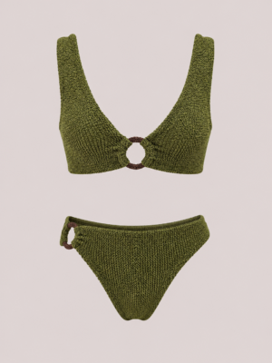 Khaki Crinkle Ring Bikini Set - Bottom classic style