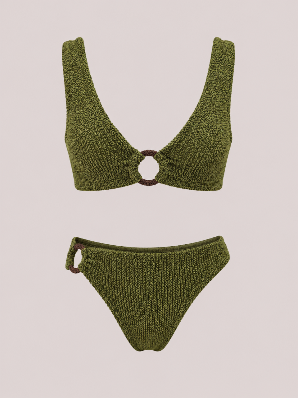 Khaki Crinkle Ring Bikini Set - Bottom classic style