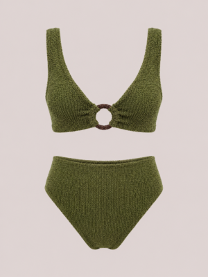 Khaki Crinkle Ring Bikini Set - Bottom High Waist style
