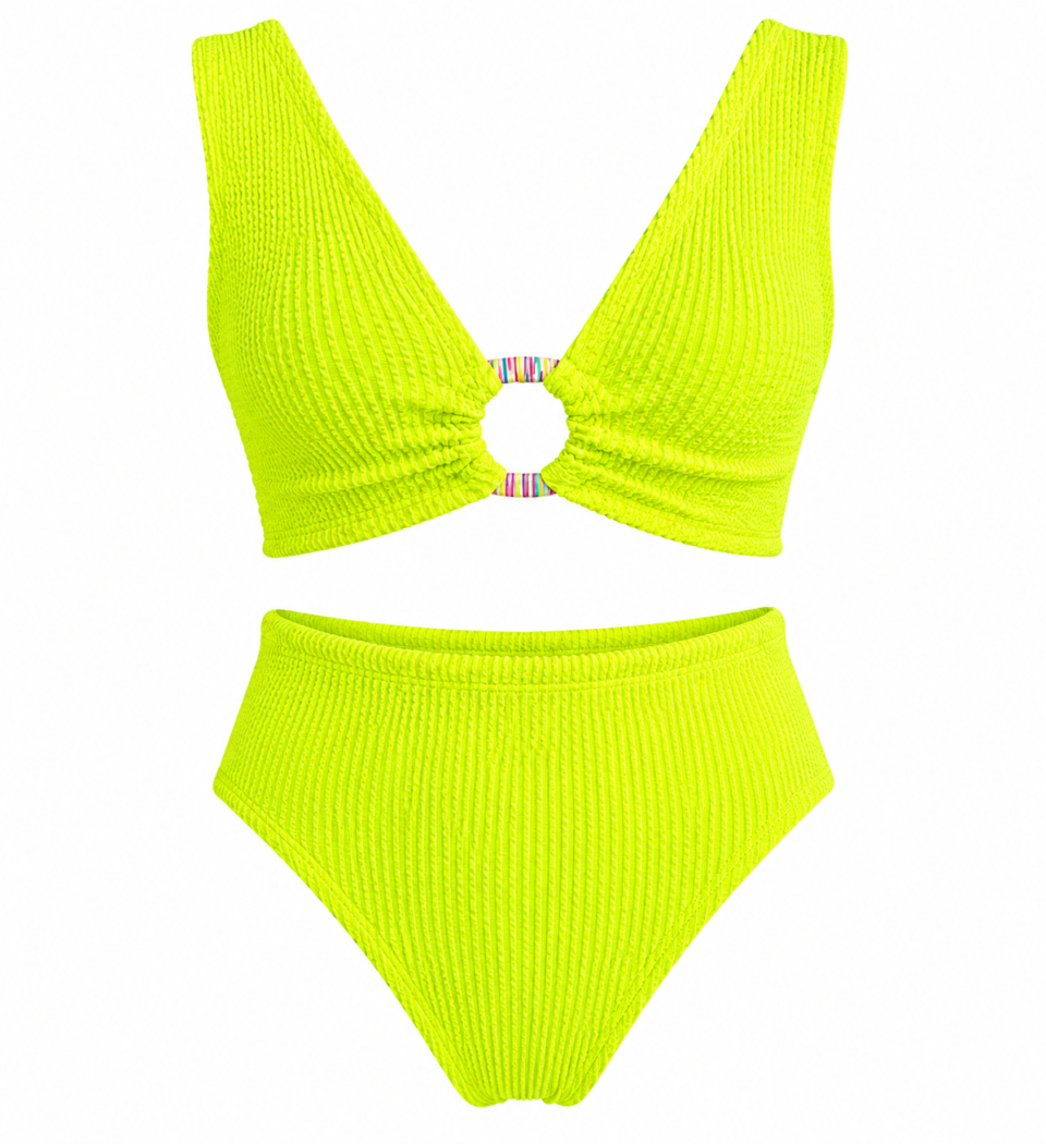 Lemon Crinkle Ring Bikini Set - Bottom High Waist style