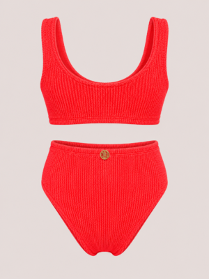 New devil red crinkle ring bikini back with high waist bottom