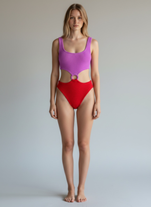Lilac/Red Color block crinkle swimsuit